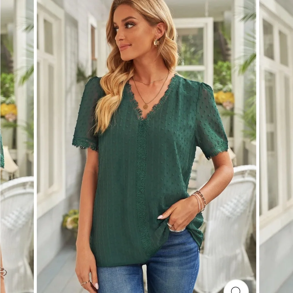Emerald Green Lace Blouse with Relaxed Fit - Picture 2 of 6